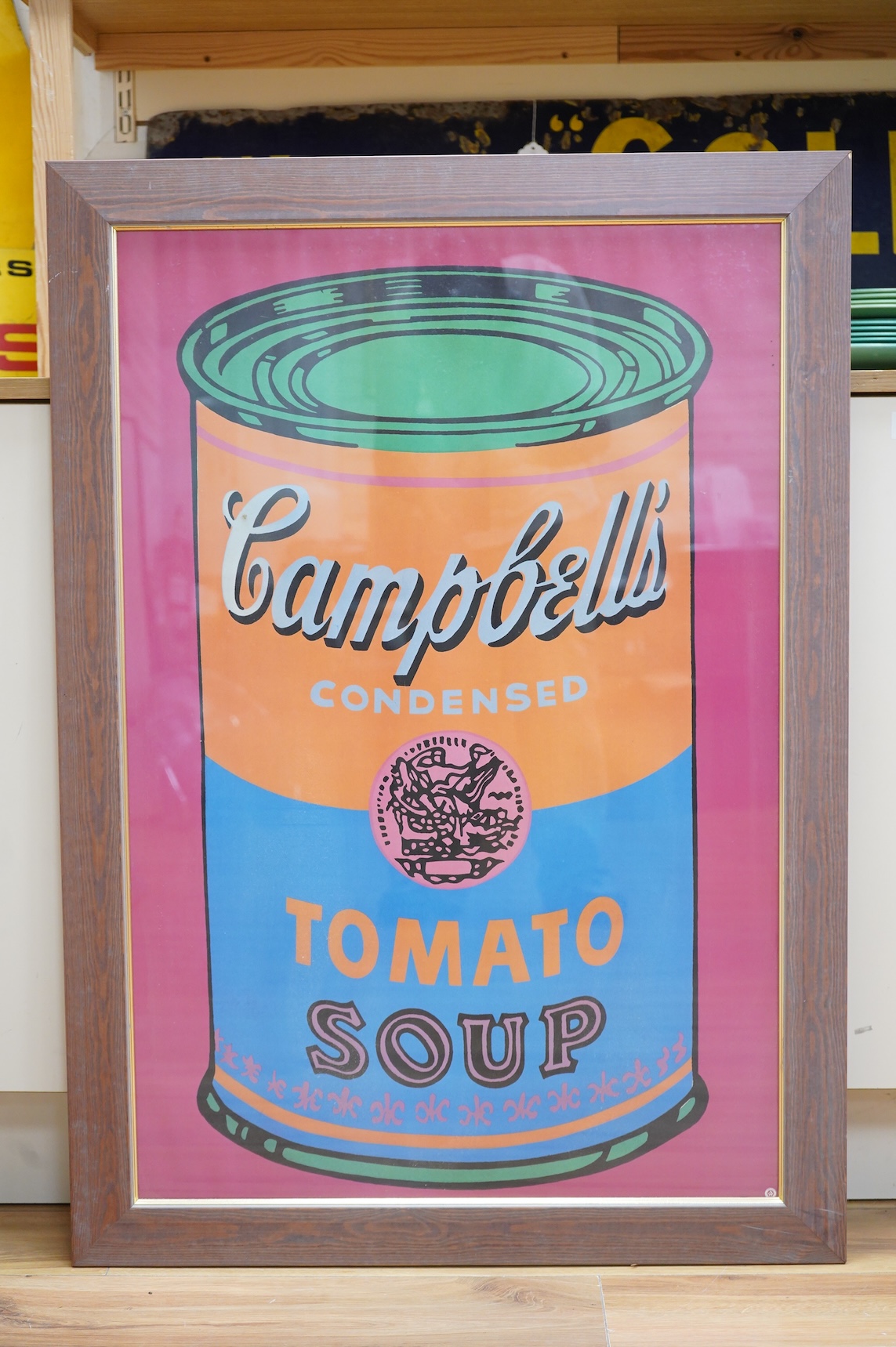 After Andy Warhol (American, 1928-1987), ‘Campbell's Soup Can’, Pop-art silkscreen print, details partially obscured by the frame, inscribed in pencil ‘Andy Warhol’ verso, 90 x 60cm